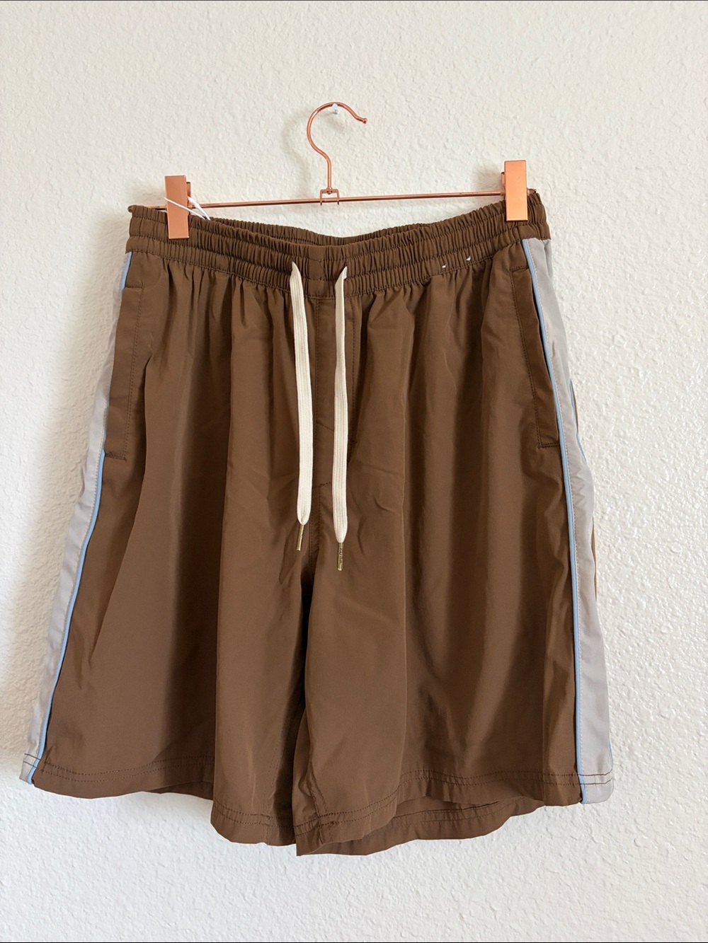 Men’s board shorts. Rhythm. Brown and Blue Stripe stylish brown Mocha and blue